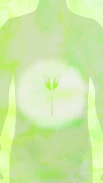人のシルエットの胸に宿る新芽が回転する縦長水彩アニメーション。夢や可能性、才能を表現。