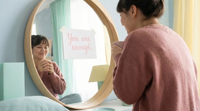 Young woman smiling at her positive reflection in an oval mirror with a self-affirmation note saying you are enough.