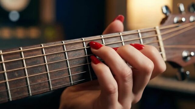 A close-up shot shows a person's hands with red painted nails playing an acoustic guitar. The focus is on the fingers fretting the strings on the fretboard.