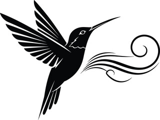 Obraz premium Hummingbird silhouette illustration in flight, elegant bird with flowing lines, black and white minimalist wildlife artwork, graceful nature symbol design