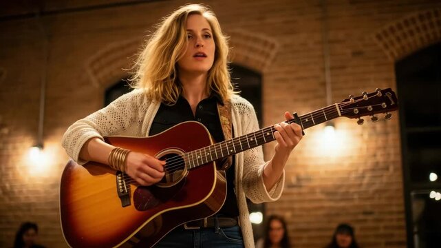 Melodic Serenade: A woman passionately plays a six-string acoustic guitar and sings her heart out, filling the room with soulful music.