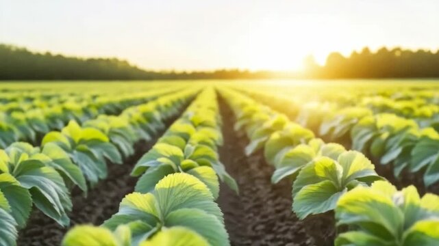 Cultivating Growth: An expansive field of flourishing crops, basking in the golden embrace of the sun's radiant rays. Lines of vibrant green plants stretch toward the horizon, symbolizing growth.