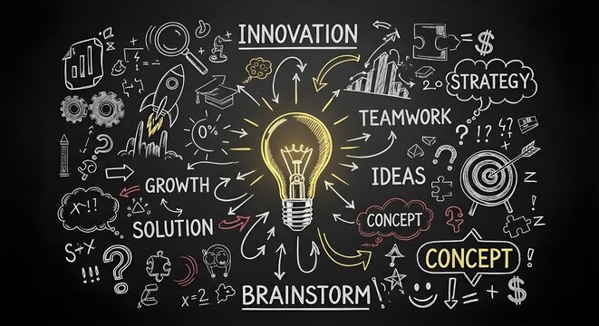 Glowing lightbulb surrounded by various hand drawn business concepts and startup growth strategy symbols on chalkboard