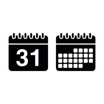 Two distinct black calendar icons are displayed, one showing the number "31" for a specific date and another illustrating a grid for a full month view.
