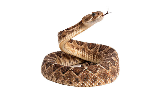 Rattlesnake curves and shows tongue isolated on transparent background cut out