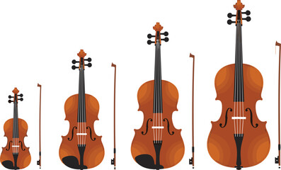Violin instrument vector illustration set featuring classical string violins in different sizes with bows, orchestra music tools, and wooden acoustic design © MdAbdul