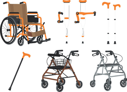 Mobility aid vector illustration set featuring wheelchair walker rollator crutches and walking cane equipment for elderly disabled rehabilitation support