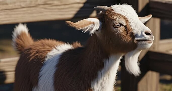 Playful goat standing near a wooden fence in a sunny farmyard setting, exuding charm