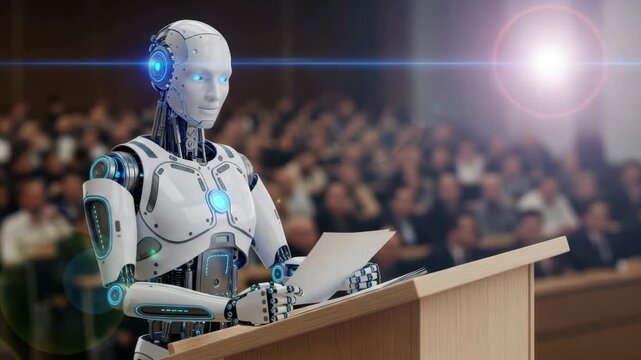 The AI Speaker: A futuristic humanoid robot stands confidently at a podium, presenting to an audience, representing the evolving technology. 