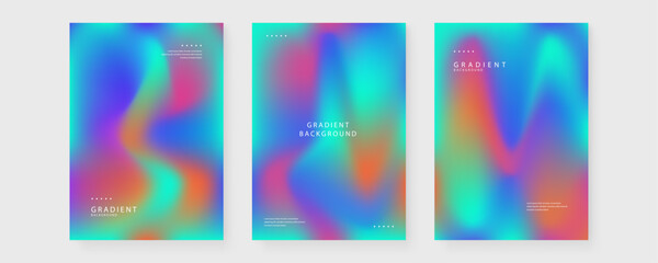 Collection of three abstract liquid gradient posters featuring vibrant holographic textures and modern typography for creative backgrounds © Badr Warrior