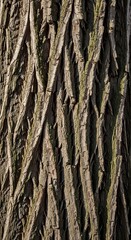 Vertical close up reveals deep ridges and fissures on rugged tree trunk surface