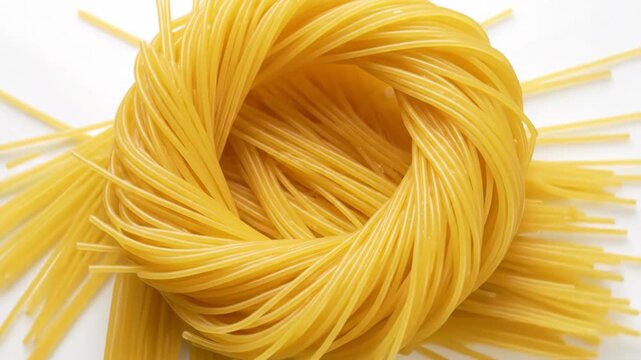 Seamless loop of glossy, oiled Italian spaghetti strands twisting and rotating slowly in an abstract, hypnotically flowing pattern on a modern white surface background graphic, oiled, concept