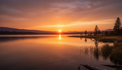 Golden sunset over calm lake; mountains and trees silhouetted, reflecting in the water