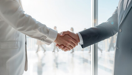 高キーで明るく表現した握手の瞬間と透明感のあるオフィス空間