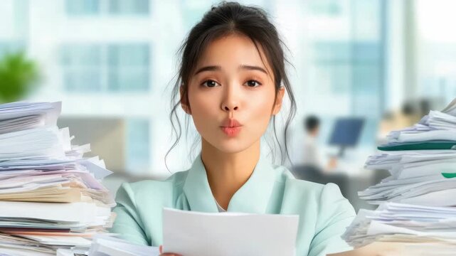 Office Assistant with Documents: A diligent office assistant, surrounded by a multitude of documents, appears to blow a kiss towards the camera.