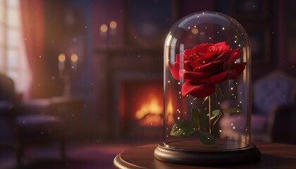 Vivid red rose protected within a glass dome on a wooden table, in a warm, ornate room