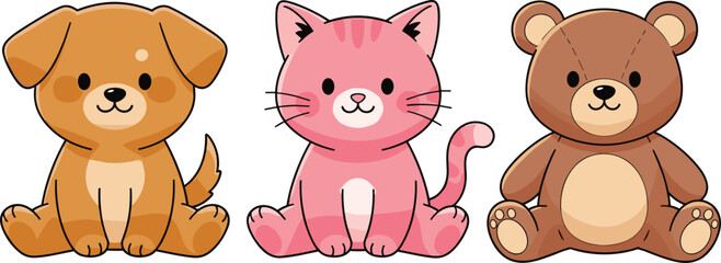 Cute puppy kitten and teddy bear vector illustration set featuring adorable baby animals sitting, cartoon pet characters, and nursery design elements © MdAbdul