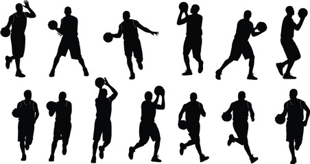 Collection of Basketball Player Silhouette Vector Illustration Set, Athletes Dribbling Shooting and Jumping for Sports Competition Fitness Training and Active Lifestyle Graphic Design © Salam Creatives