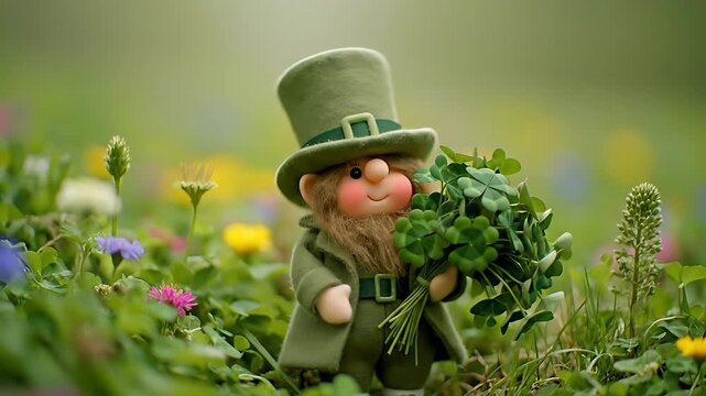 Adorable leprechaun figurine wearing a tall green top hat and holding a vibrant bouquet of fresh shamrocks stands joyfully in a sunny spring meadow setting