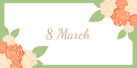 Postcard for March 8th. Hand-drawn yellow and red roses in pastel tones. Frame for International Women's Day. Vector.