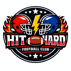 Dynamic football club logo with opposing helmets, lightning, and flames, featuring 'Hit Hard Football Club' text in a circular emblem.