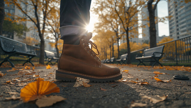 都心の並木道で日本人通勤者が銀杏の落ち葉を踏み進む足元