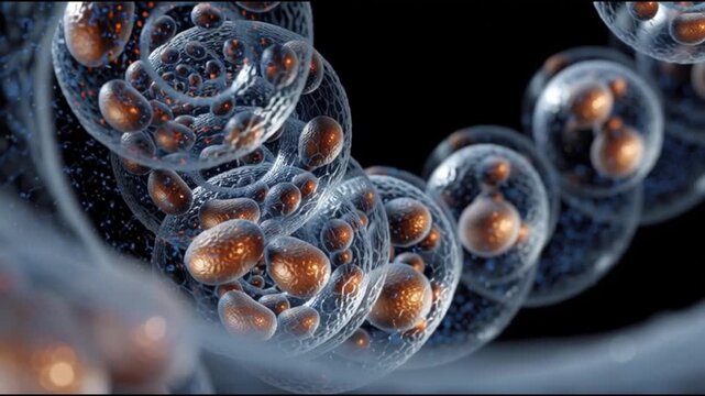 Regeneration process.Tissue repair. Growth mechanisms. Natural regeneration. Biological adaptation. Cellular growth. Close-up view of cellular structures with glowing elements.
