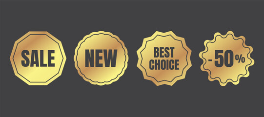 Set of gold holographic stickers. Vibrant emblems. Sale, new arrivals, best choice, 50% off. Vector.