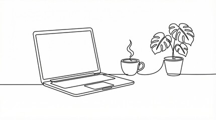 Continuous line drawing of a laptop with coffee cup and monstera plant on desk, minimalist workspace concept