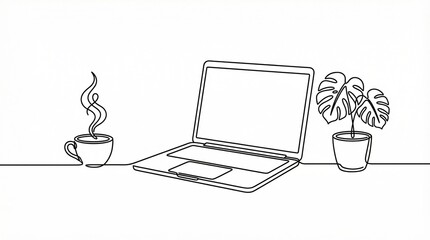 Continuous line drawing of a laptop with coffee cup and monstera plant on desk, minimalist workspace concept
