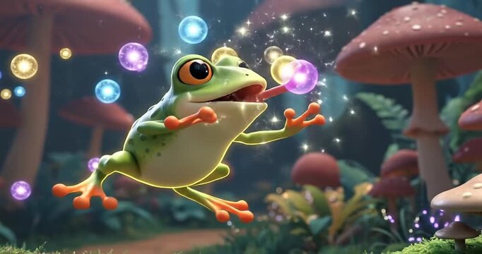 Playful frog catching bubbles in a whimsical forest with vibrant mushrooms and lush greenery