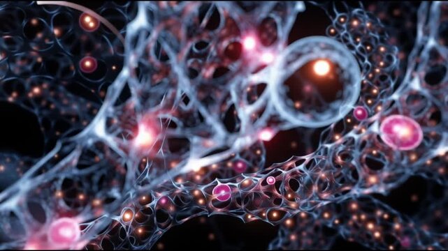 Regeneration process.Tissue repair. Growth mechanisms. Natural regeneration. Biological adaptation. Cellular growth. Microscopic view of intricate cellular structures with glowing elements.