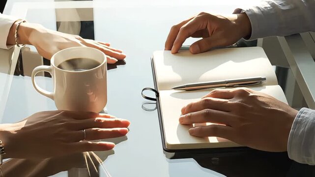 Close-up shot of two people's hands on a table with a cup of coffee and a notebook in a bright setting, conveying a sense of remote work collaboration.
