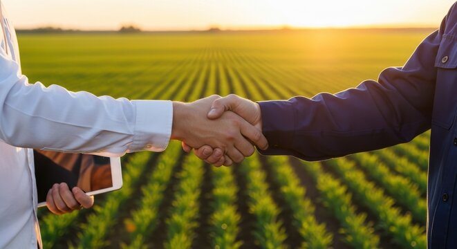 Business partners shaking hands in a lush green field at sunset