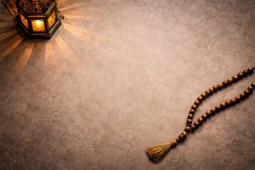 Devotional scene with prayer beads and an ornate lantern on a dark textured stone background