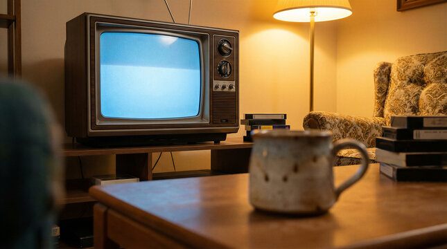 Vintage television set in cozy living room interior. Retro home entertainment scene with VHS tapes and ceramic mug on wooden table. Nostalgic 1980s living space with warm lamp glow for relaxation and