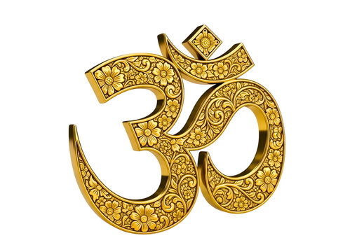 Golden om symbol intricately carved with floral motifs isolated on transparent background