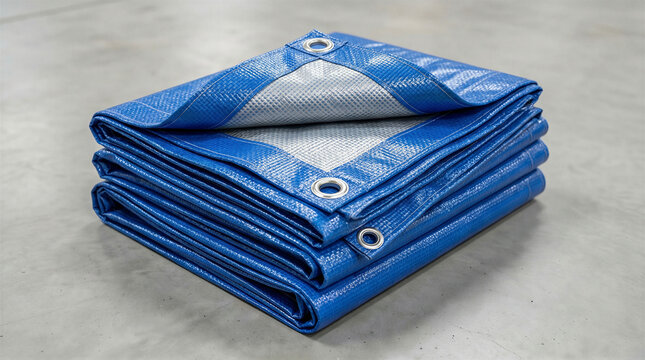 Stacked blue tarps with white mesh lining. Waterproof protective covers for construction sites and outdoor projects. Industrial materials for weatherproofing and temporary shelter
