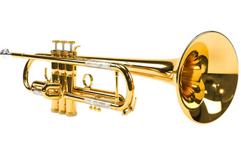 Obraz premium Shiny golden trumpet with black background isolated on transparent background
