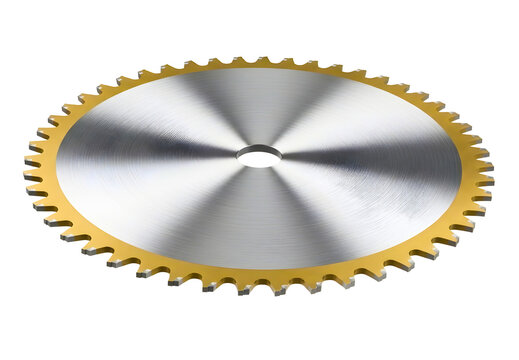 Circular saw blade with golden teeth for cutting wood isolated on transparent background