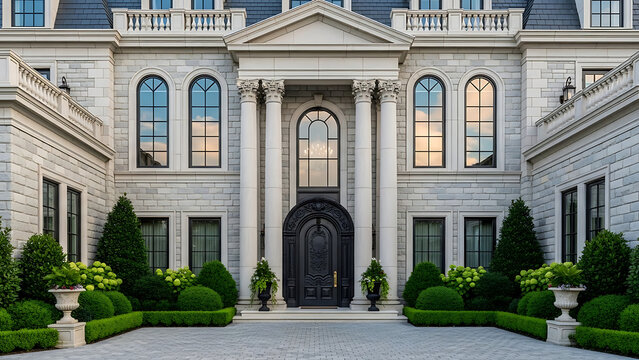 Luxury stone mansion facade with grand columns and ornate entrance door featuring manicured formal gardens