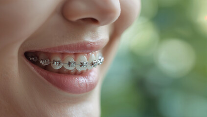 窓外の緑をぼかし日本人の矯正スマイルを清潔に描く