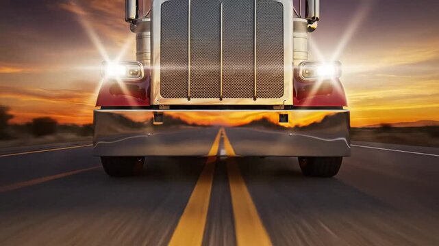 Dynamic Big Rig Journey - Powerful Semi-Truck Accelerates Towards Camera on Open Highway at Golden Sunset.