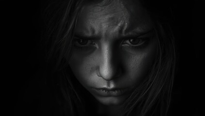 Fototapeta premium Close-up of a sorrowful girl in shadows, monochrome.png