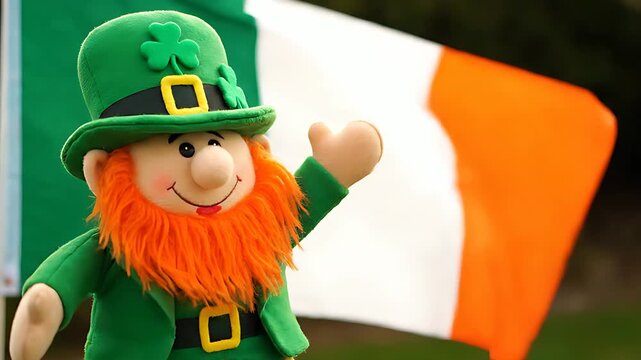 Adorable plush leprechaun doll wearing a traditional green hat with shamrocks stands prominently against the backdrop of the waving Irish national flag.