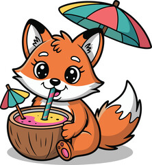 Cute cartoon fox drinking cocktail from coconut with umbrella on transparent background