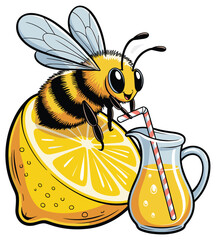 Cute bee enjoying lemonade sitting on lemon slice with straw and jug
