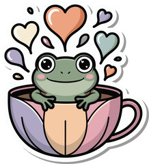 Cute cartoon frog sitting in pastel teacup with floating hearts and petals