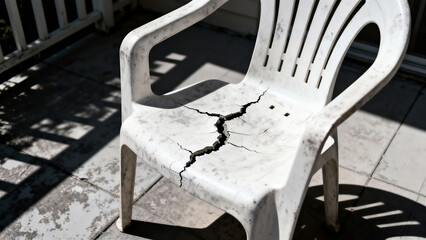 Obraz premium Aged white plastic lawn chair cracked from weather exposure on sunny balcony. Outdoor patio furniture showing wear and tear. Residential home decor maintenance and replacement concept for summer