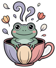 Cute cartoon frog sitting in pastel teacup with steam and floral petals